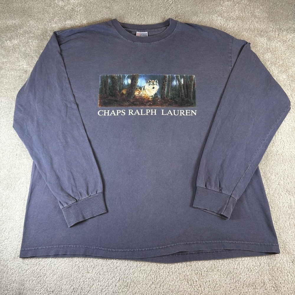 Vintage 90s Chaps Ralph Lauren Long Sleeve Shirt Men's XL Blue Wolf Graphic USA